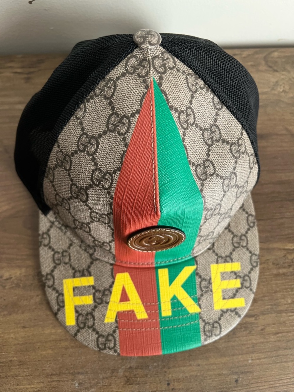 Gucci Brown Monogram Cap with Green & Red Stripe and Yellow 'FAKE NOT'